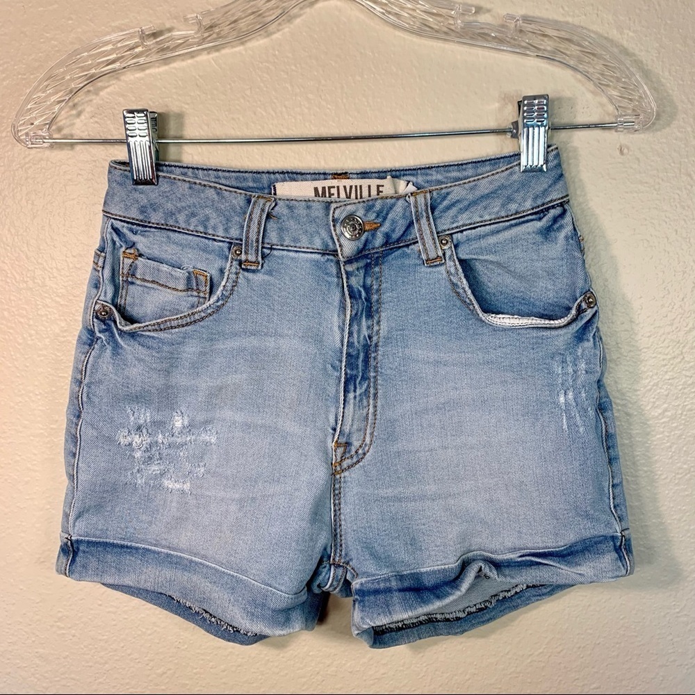 Brandy Melville Light Wash Distressed Hi-Rise Distressed Shorts  Size 40 (1)